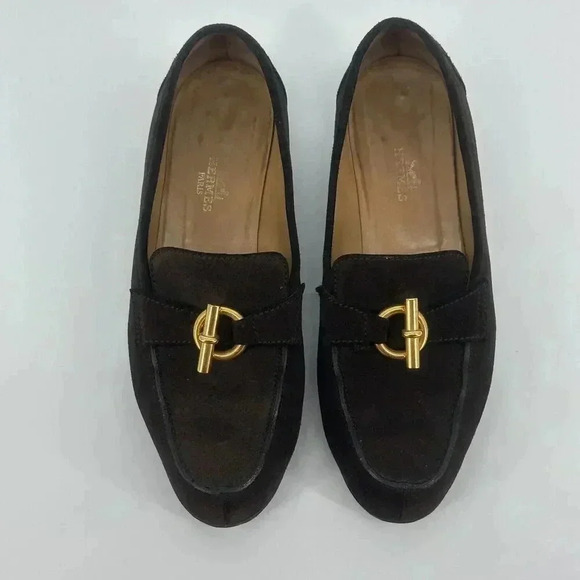 Authentic Vtg 1992 HERMES Brown Suede Slip On Flat Loafers Gold Metal Bit EU37.5 - Picture 2 of 11